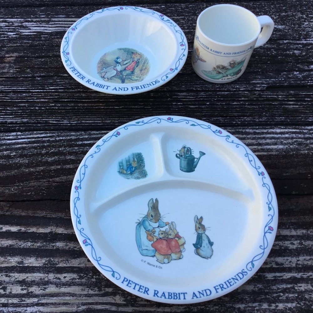 3 pc Set Eden Peter Rabbit And Friends Toddler Plate, Bowl and Cup